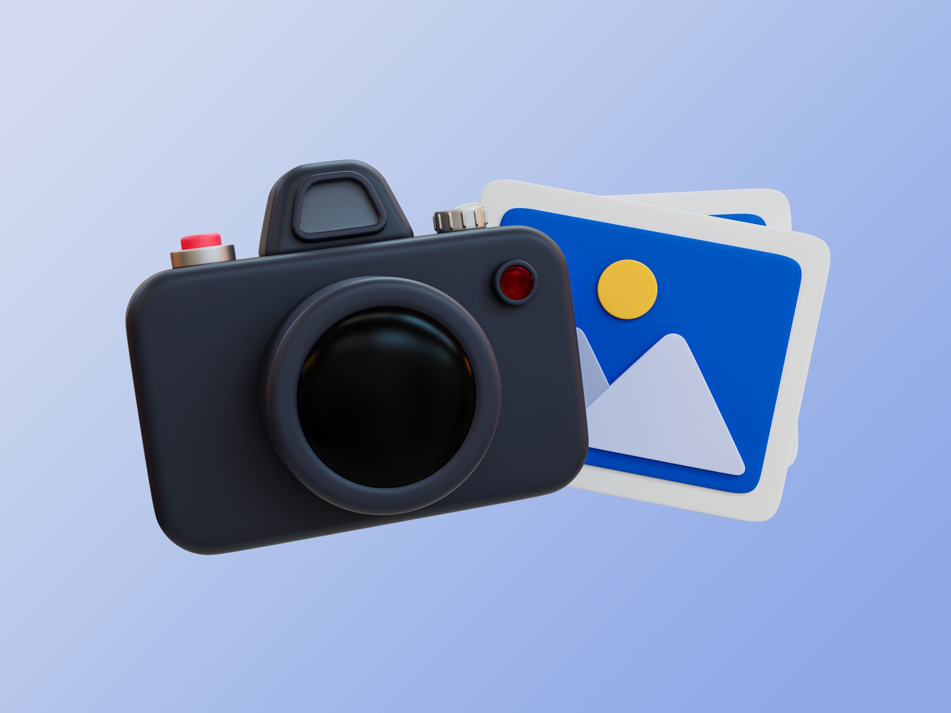 3d minimal photo shoot concept. black camera with photo gallery icon. 3d illustration.